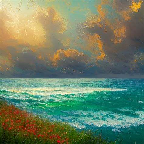 Premium Photo A Painting Of A Sea With A Cloudy Sky And A Green Field