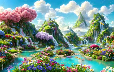 Paradise Garden Full Of Flowers Beautiful Idyllic Background With Many