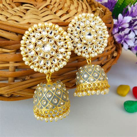 Traditional Pearl Jhumka Earrings White Red Fashioncrab