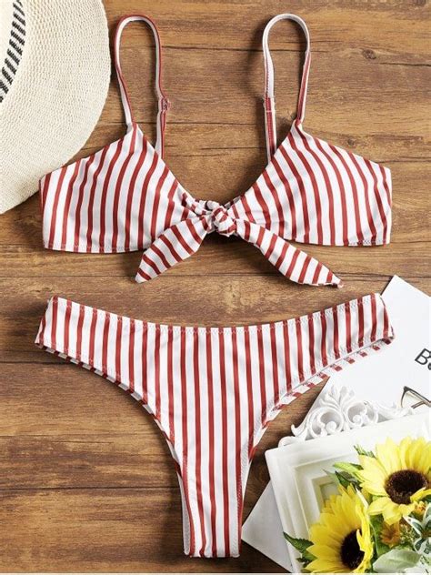 Padded Front Knotted Striped Bikini Set BLACK RED WITH WHITE