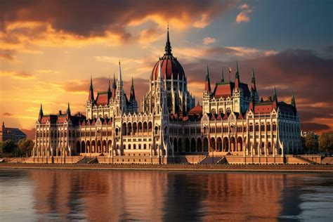 Parlamento Edificio En Budapest Hungría A Puesta De Sol Con Reflexión En Danubio Río Hermosa