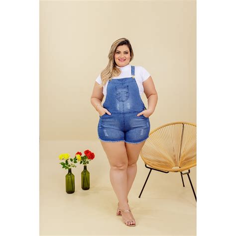 Macaquinho Jardineira Feminino Jeans Plus Size Lycra Cintura Alta