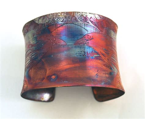 Etched Copper Cuff Bracelet Raven Design Large Anticlastic Cuff