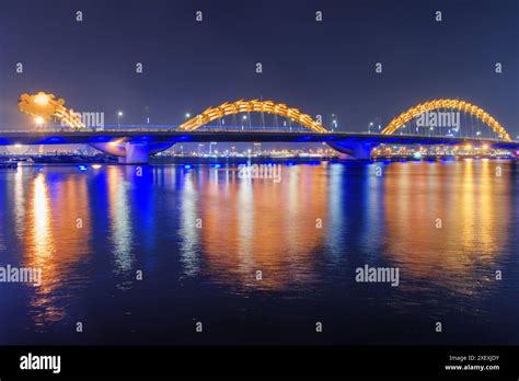 Beautiful Night View Of The Dragon Bridge Cau Rong Over The Han River