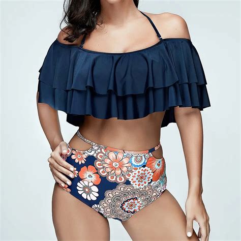 Off Shoulder Bikini Women Floral Print Swimwear Plus Size Swimsuit High