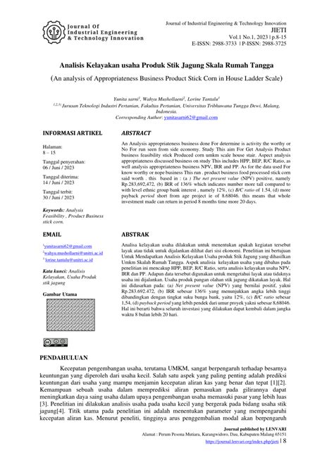 Pdf Analisis Kelayakan Usaha Produk Stik Jagung Skala Rumah Tangga