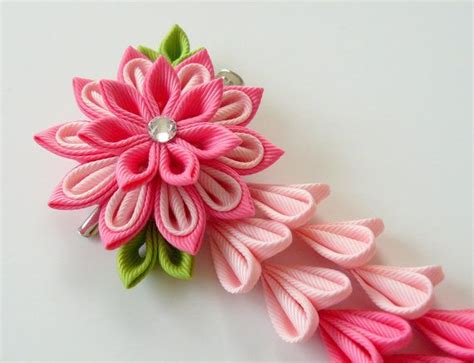 Pink Kanzashi Fabric Flower Hair Clip With Falls Pink Fabric Flower