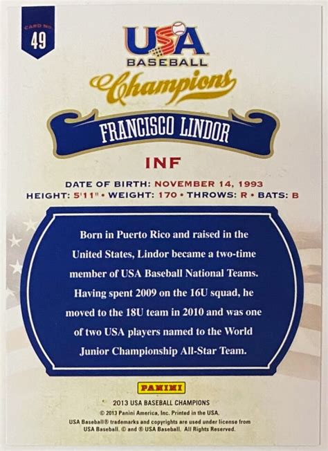 Francisco Lindor Panini Usa Baseball Champions U Prospect Rookie