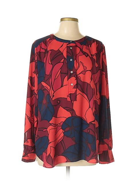 Ann Taylor Loft 100 Polyester Print Red Long Sleeve Blouse Size L 70