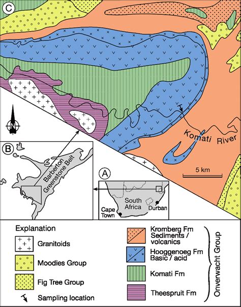 (A) Regional map showing the location of the Barberton greenstone belt... | Download Scientific ...