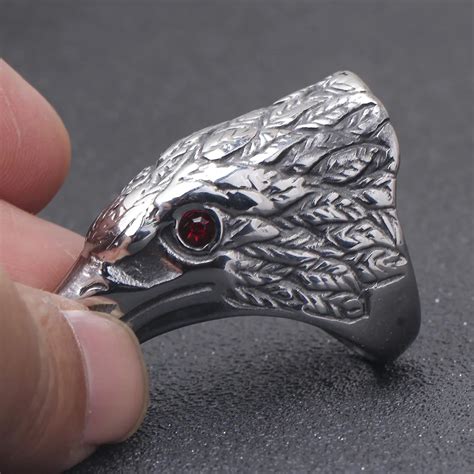 Stainless Steel Eagle Ring For Men Blood Red Crystal Eye Punk Style Men