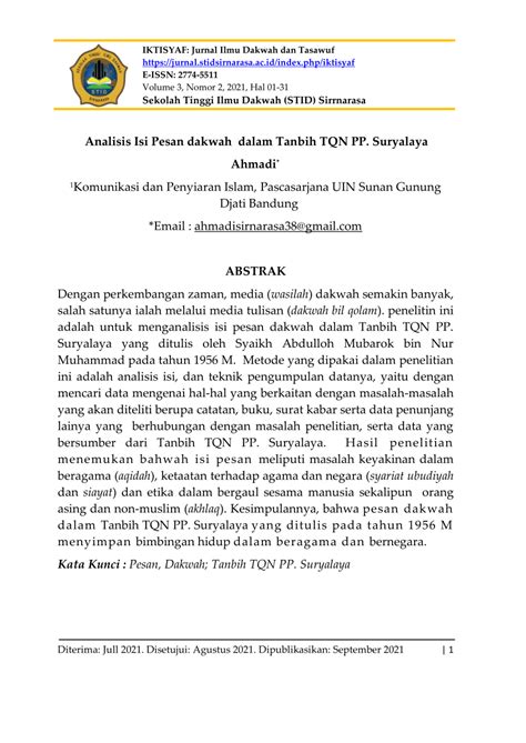 PDF Analisis Isi Pesan Dakwah Dalam Tanbih TQN PP Suryalaya