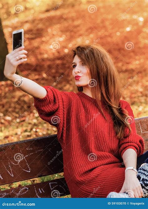 Girl Taking Self Picture Selfie With Smartphone Camera Outdoors Stock