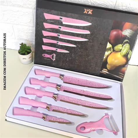 Jogo De Facas Rosa Antiaderente Chef Profissional De Cozinha Faqueiro