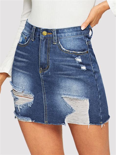 Pocket Ripped Detail Bodycon Denim Skirt In Denim Skirt Denim