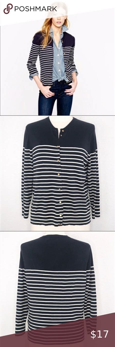 J Crew Jackie Striped Navy Gold Anchor Cardigan L Striped Navy Gold