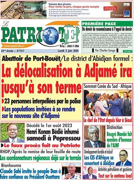 Titrologie De Le Patriote N Du Lundi Juin Abidjan Net