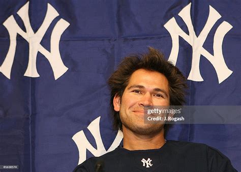 Johnny Damon Of The New York Yankees Speaks To The Press At Fenway