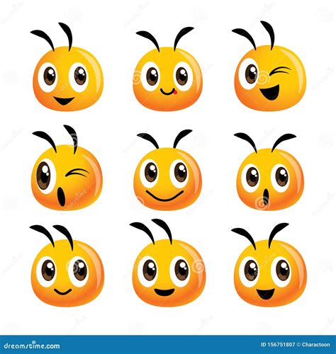 Cartoon Cute Bee Head Mascot Emoji Set For Farm Or Healthy Natural