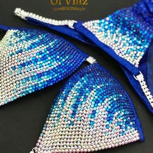 Npc Ifbb Wbff Blue Tulip Holograms Metallic Spandex Bikini Suit With Crystals Competition Suit