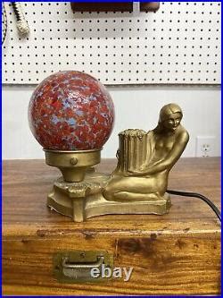 Art Deco Lamp Vintage Art Deco Figural Nude Lady Lamp Red Blue Moon Globe All Original