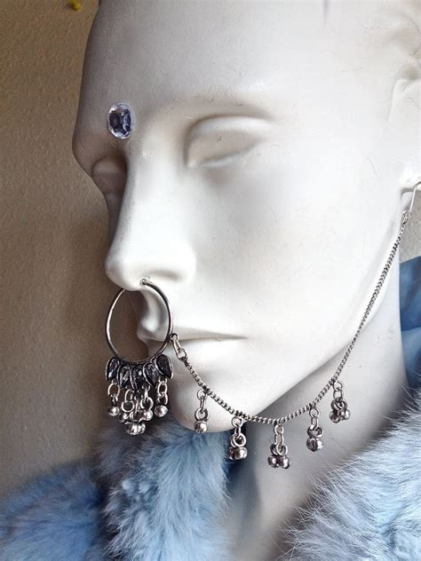 90s Tribal Nose To Ear Chain Septum Nose Ring With Diamonds And Bells