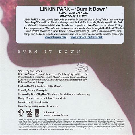 Car Tula Interior Frontal De Linkin Park Burn It Down Cd Single