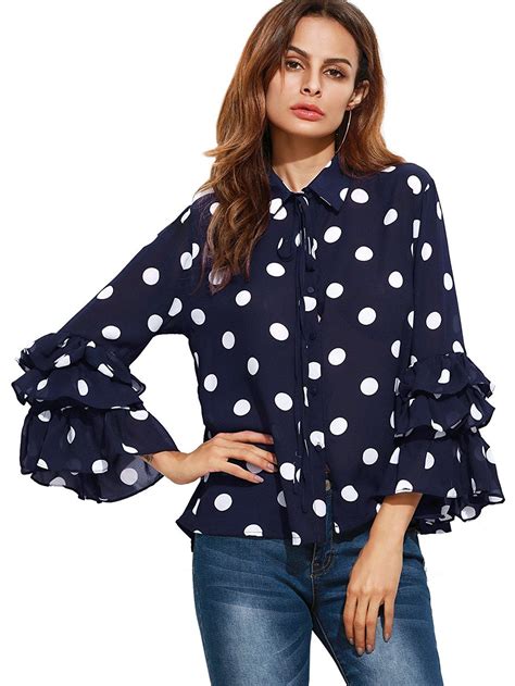 Floerns Womens Polka Dot Layered Ruffle Bell Sleeve Sheer Shirt Blouse