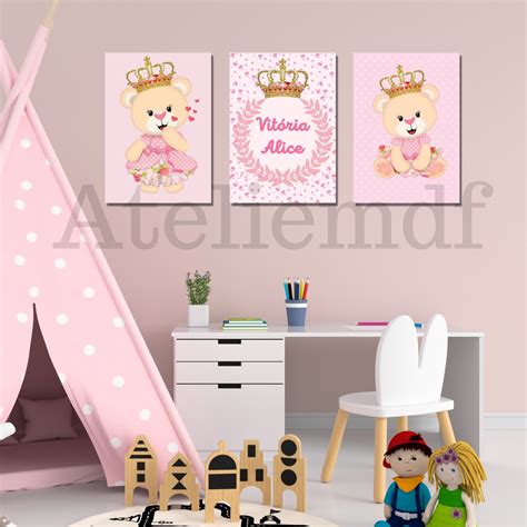 Kit Quadros Decorativos Infantil Menina Ursa Princesa Quadro