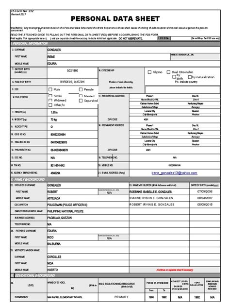 Cs Form No 212 Revised Personal Data Sheet New Pdf Passport