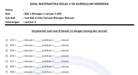 Soal Isian Nilai Tempat Bilangan Kelas Sd Matematika Lembar