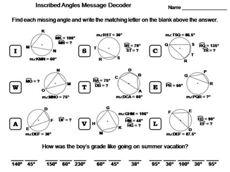 Inscribed Angles Activity Math Message Decoder Teaching Resources