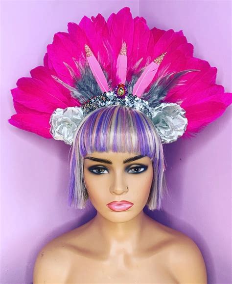 Hot Pink Feather Carnival Festival Floral Head Dress Head Etsy Uk