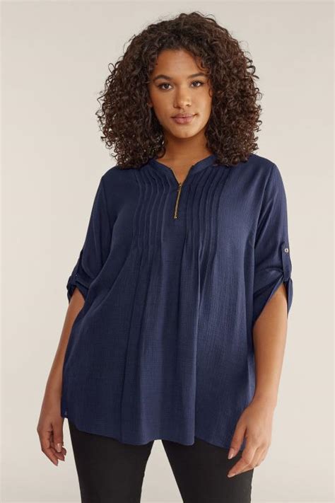 EVANS Plus Size Navy Blue Zip Front Blouse Evans