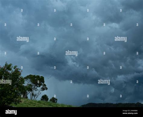 Stormy Weather Dark And Grey Sky With Storms Clouds Trees And Green