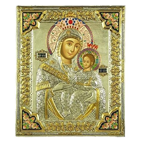 Virgin Mary Of Bethlehem Icon Kt Gold Silver Wood Base