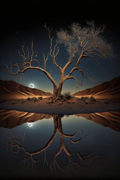 Premium Ai Image Lone Tree Is Reflected In A Body Of Water Generative Ai