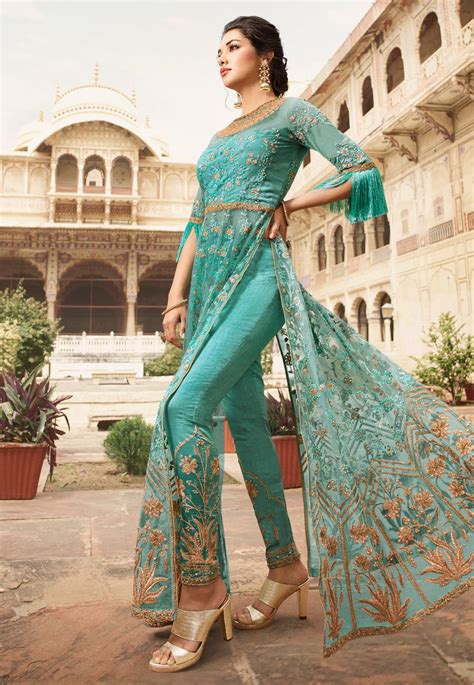 Sea Green Banglori Silk Embroidered Pant Style Suit Indian