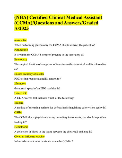 Nha Certified Clinical Medical Assistant Ccma Questions And Answers Graded A 2023 Exams