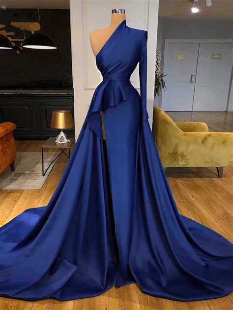 Ball Gown One Shoulder Satin Sweep Train Split Front Prom Dresses