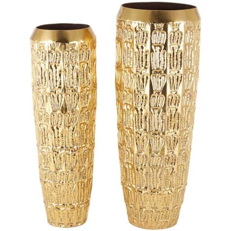 Litton Lane Gold Tall Metal Decorative Vase With Grooved Patterns Set