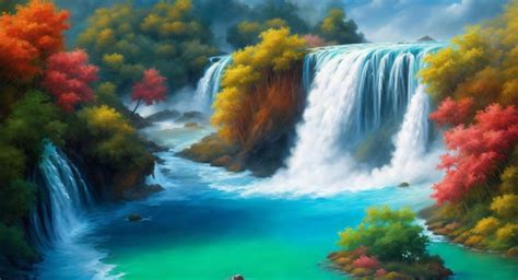 Premium AI Image | A painting of a waterfall with a colorful tree in the foreground