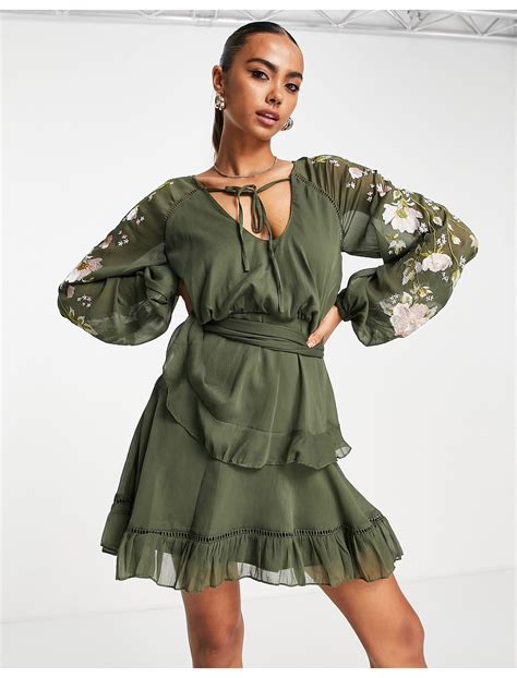 Asos Blouson Sleeve Tiered Mini Dress With Cross Stitch Embroidery Detail And Tie In Green Lyst