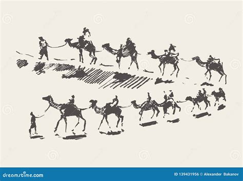 Caravan Camels Desert Rawn Vector Sketch Drawn Stock Vector