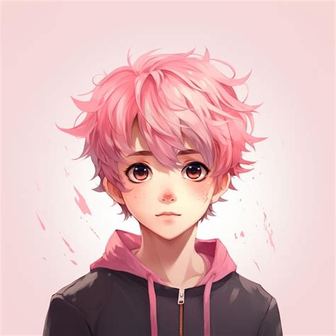 Premium Photo | Anime boy with pink hair and black jacket looking at ...