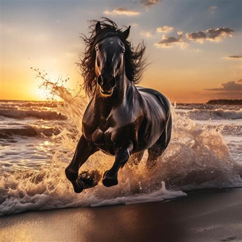 Premium Photo | Generated illustration of black horse running on beach at sunset silhouette