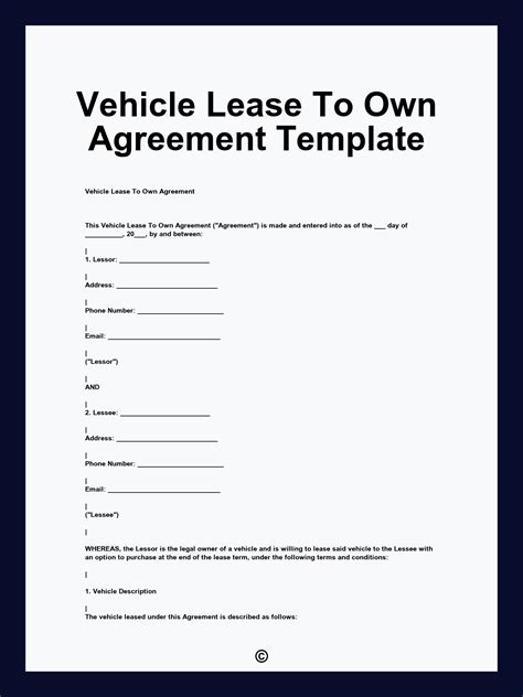 Vehicle Lease To Own Agreement Template