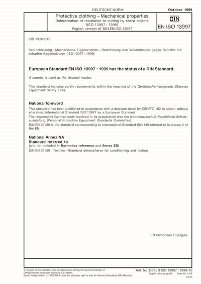 DIN EN ISO 13997:1999 - Protective clothing - Mechanical properties ...