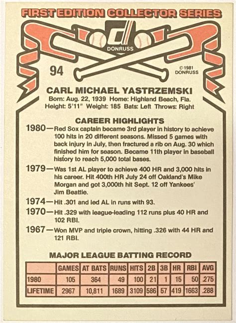 Carl Yastrzemski Donruss Boston Red Sox Baseball Card Hof Kbk