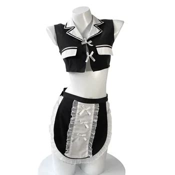 Sexy Hollow Out Women Maid Outfit School Girl Tops With Apron Cosplay Costumes Sexy Lingerie See